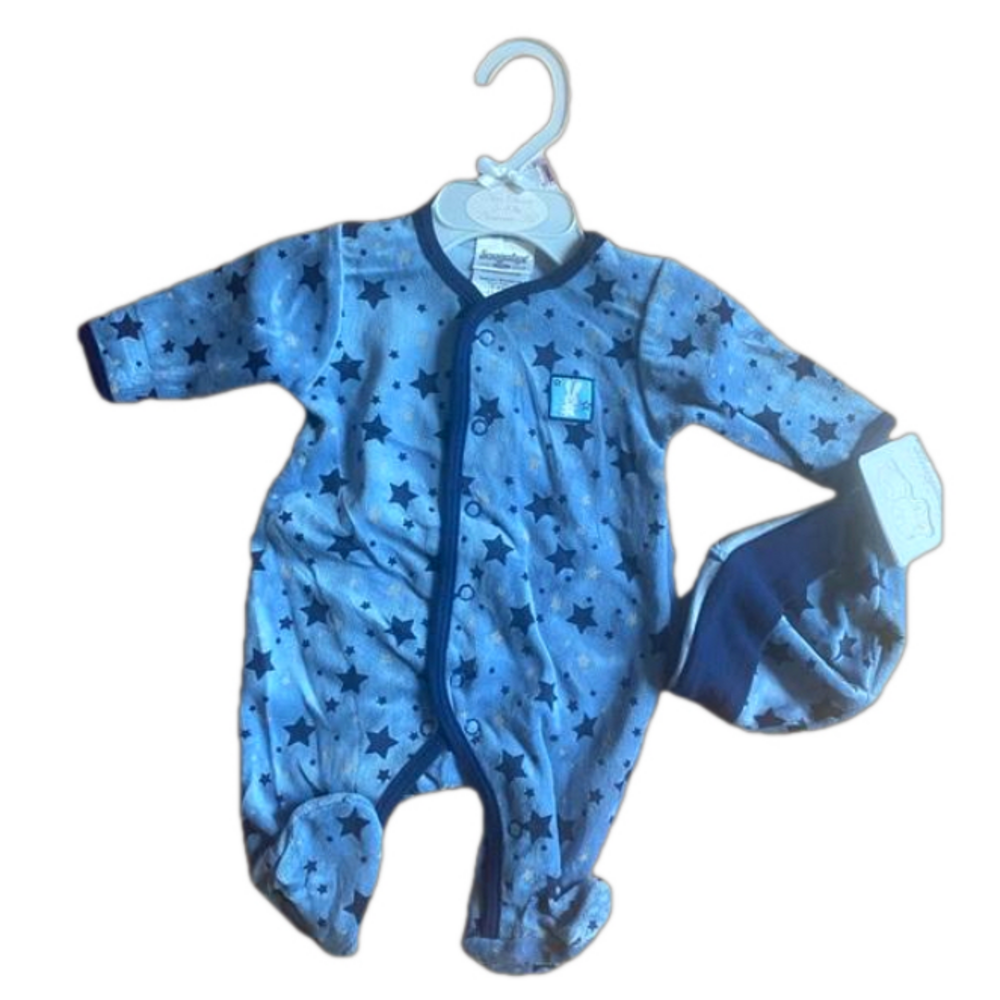 🆕 NWT Snugabye Newborn sleeper jumper with matching hat bunny & stars details